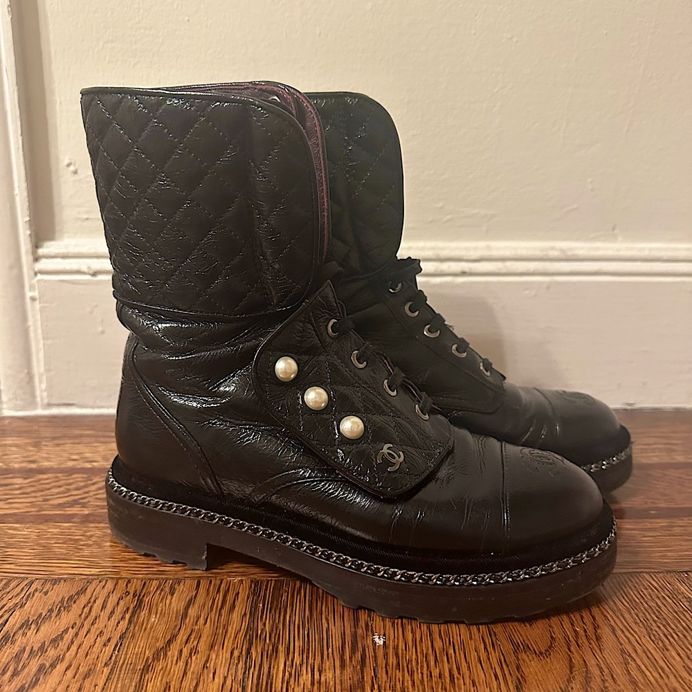 CHANEL Crackled Calfskin VelvetPearl Combat Tall Boots size 37